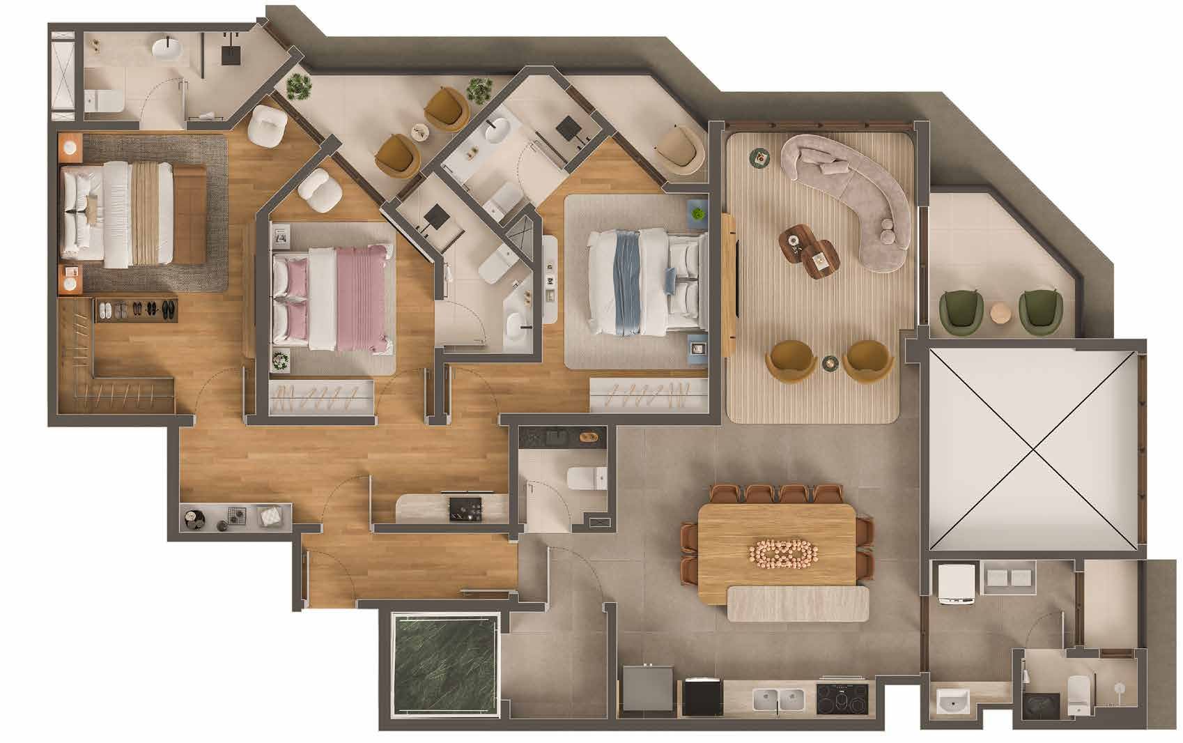 Planta ilustrada de apartamento tipo de 3 suítes