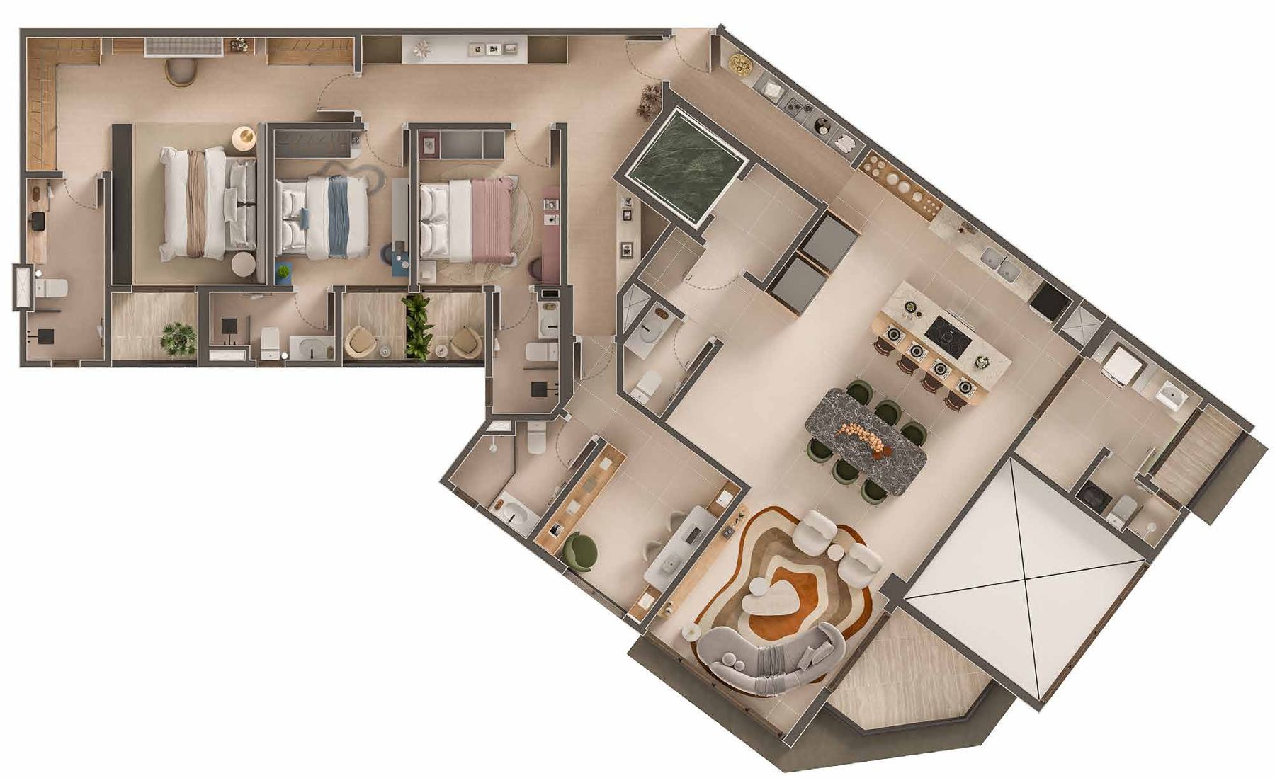 Planta ilustrada de apartamento tipo de 3 suítes