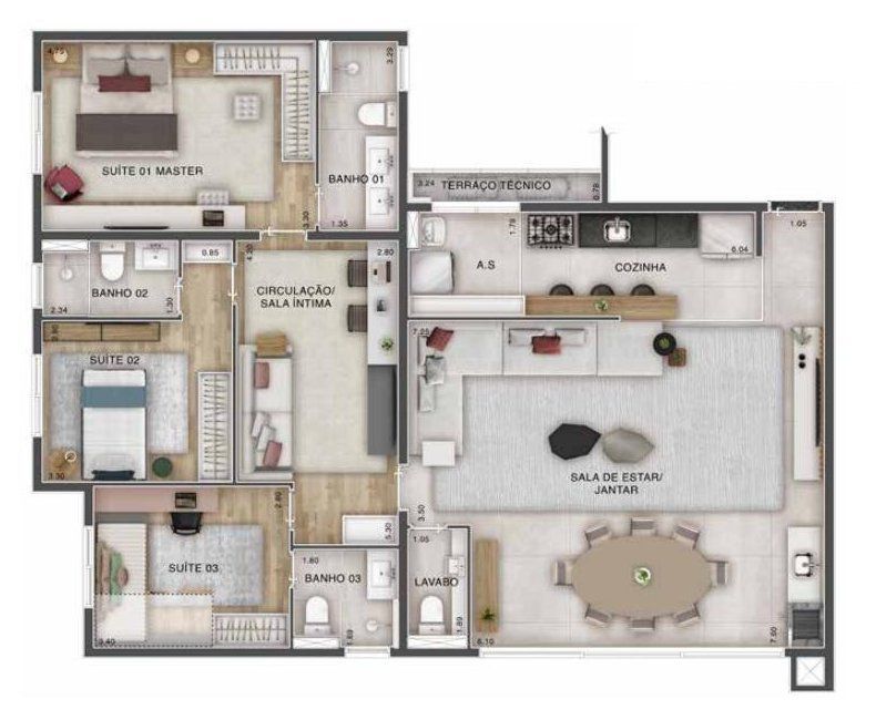 Planta tipo de 3 suítes, 130 m²